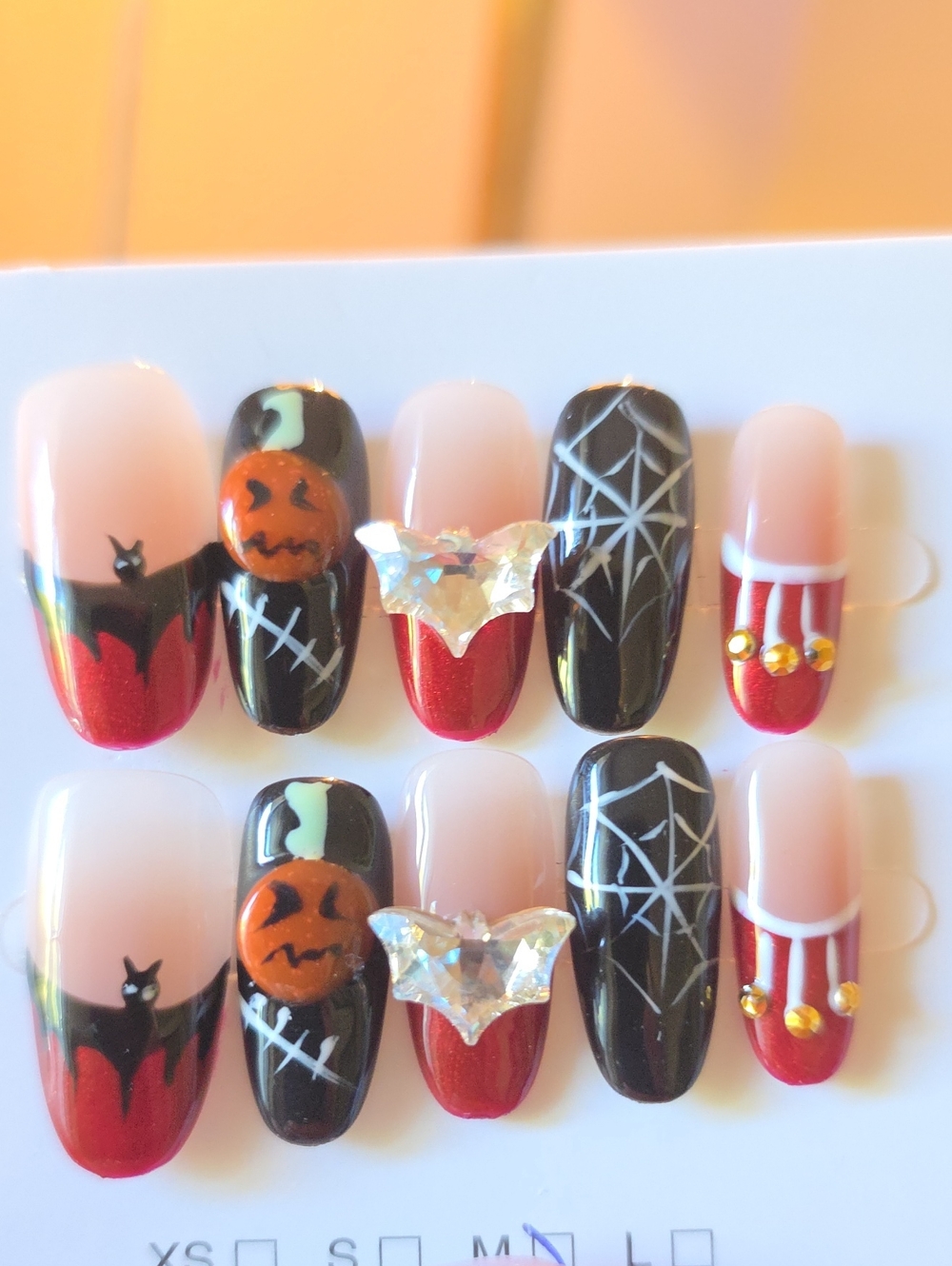 Halloween Red & Black Press-On Nail Set with Pumpkin and Spiderweb Size Med